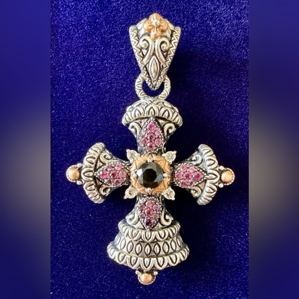 Barbara Bixby Cross Pendant 925/18K Rhodolite w/Black Spinel w 24” Italian chain